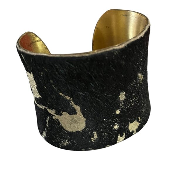 Rustic Cuff Wide 2" Brass and Calfhair Black and Gold Bracelet Bohemian - Picture 1 of 4